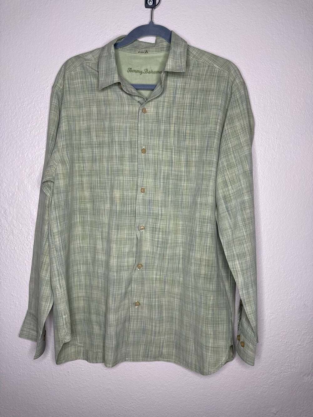 Tommy Bahama Men's Olive Green Plaid Long Sleeve 100% Silk Button